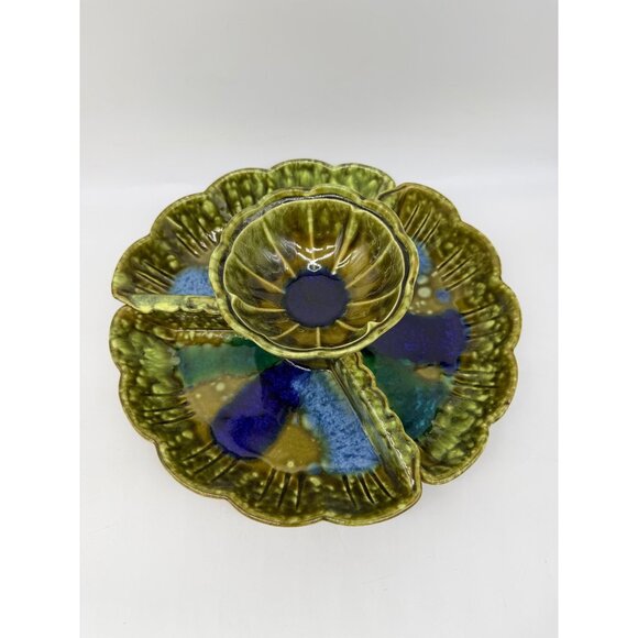 Vintage Divided Ceramic Serving Tray Dip Bowl Green Blue California Pottery EUC